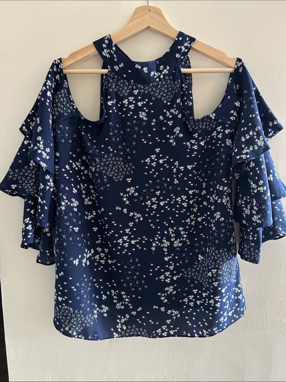 Cold-Shoulder Navy Floral Blouse
